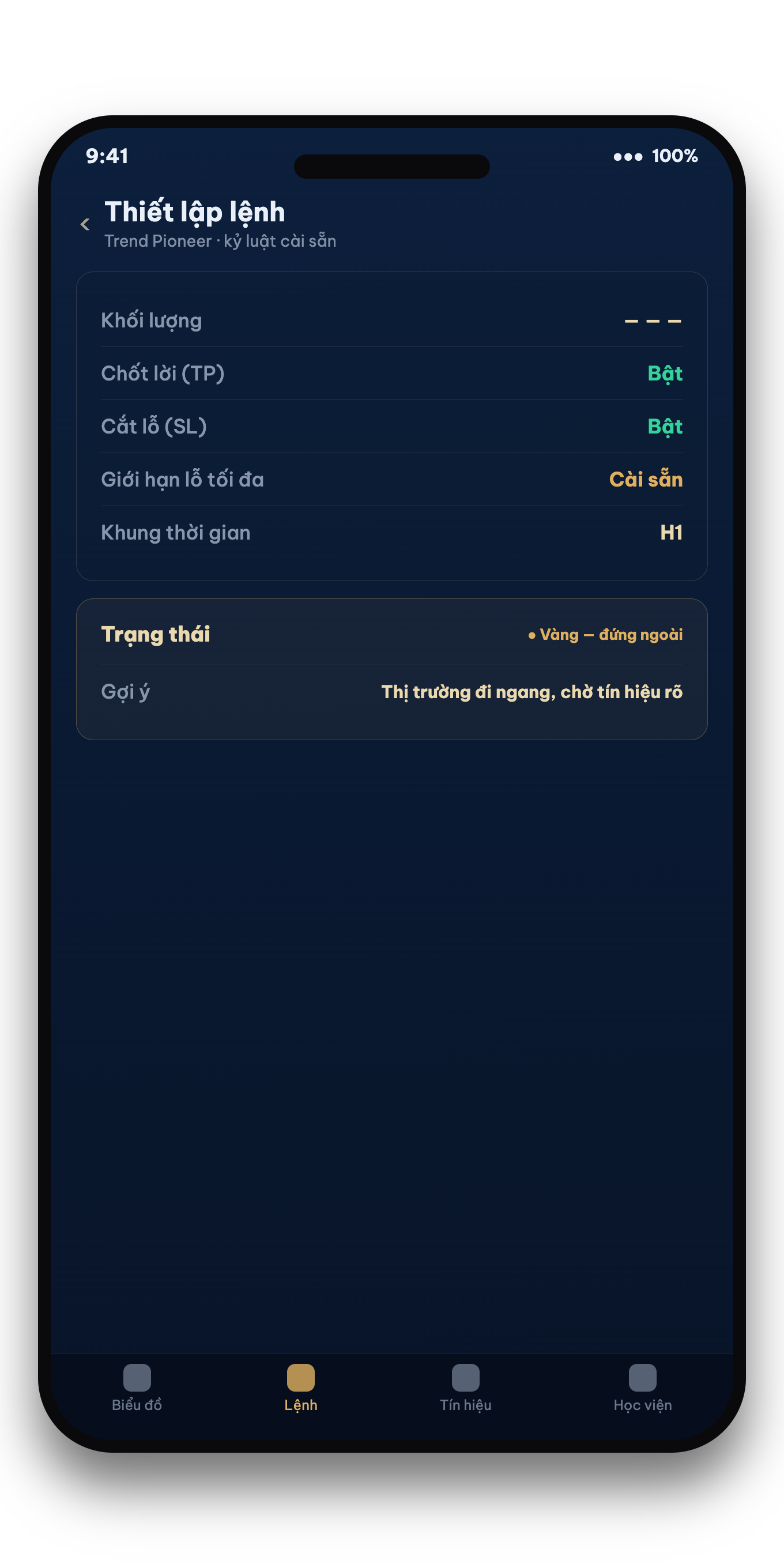 Bảng thiết lập Pioneer Assistant — khối lượng, chốt lời, giới hạn lỗ